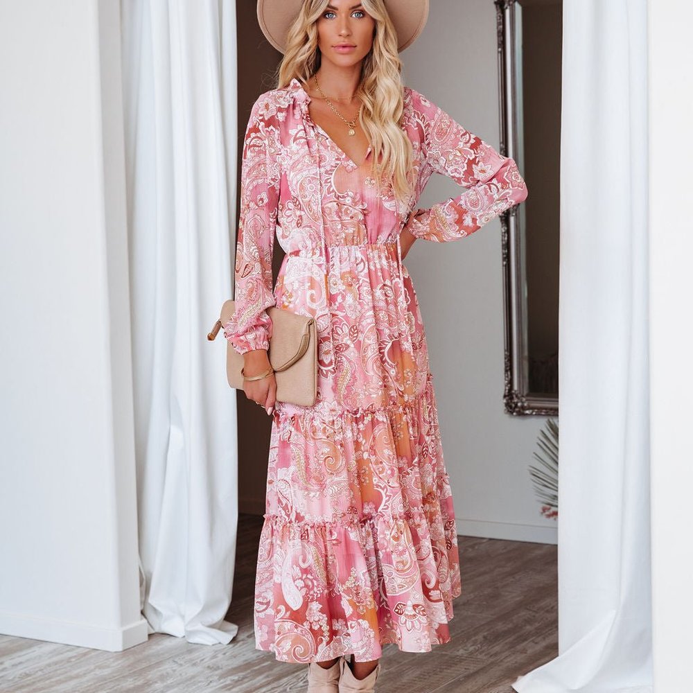 PRINTED TIERED MIDI DRESS